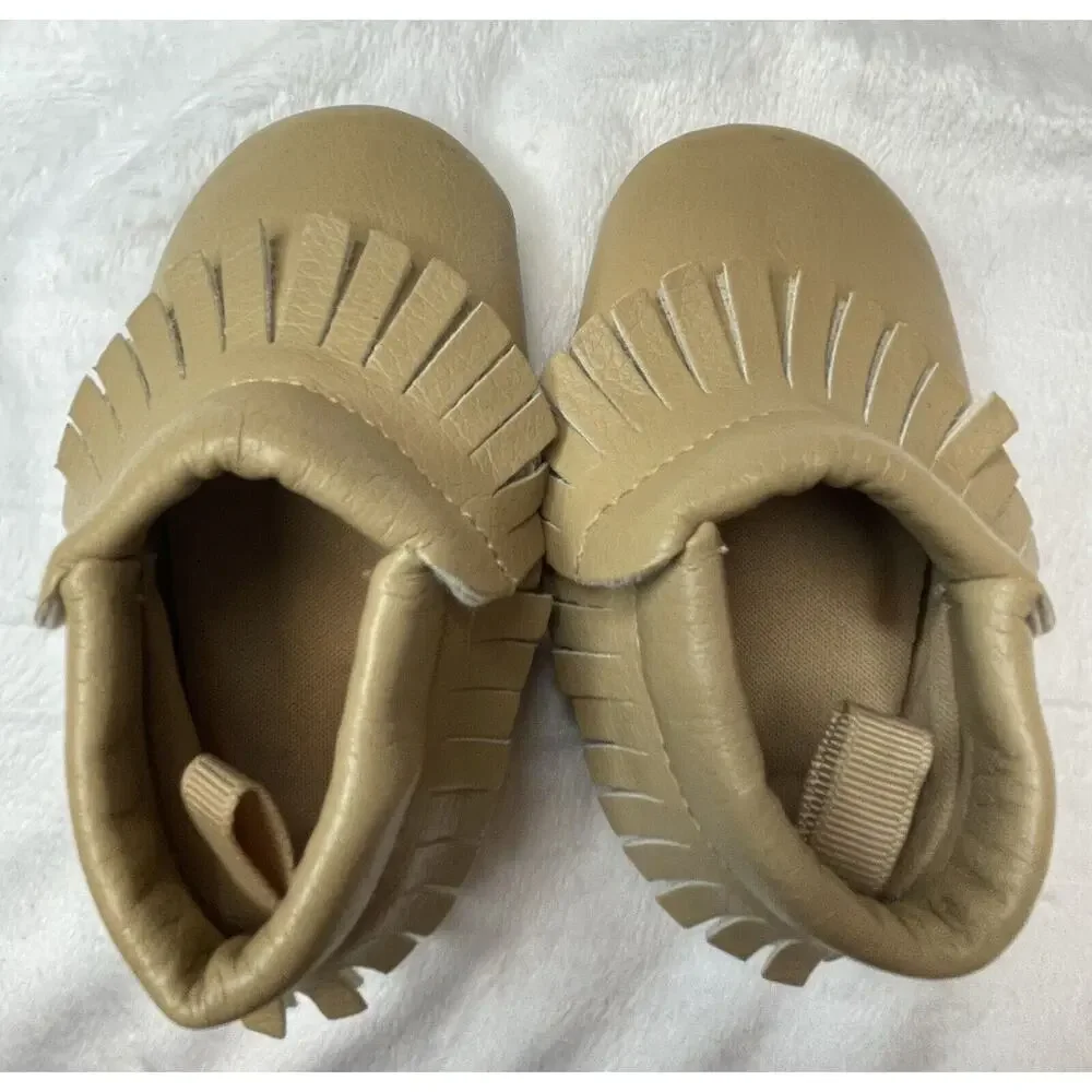 Baby Toddler Infant Girls Size 3 Tan Slip-On Moccasins Crib Shoe Soft Soles Mocs